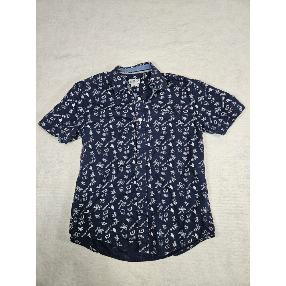 Boys Penguin by Munsingwear Button Down Shirt 10/12Y Beach Vibe Short Sleeve Blu